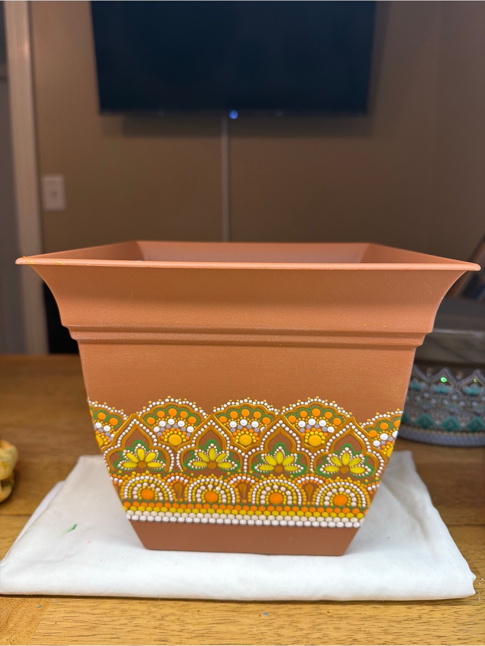 Hand Painted Square Vigoro Planter Mandala Dot Art Pot